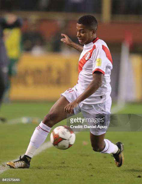 Andy Polo of Peru controls the ball during a match between Peru and Bolivia as part of FIFA 2018 World Cup Qualifiers at Monumental Stadium on August...