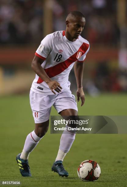 Andre Carrillo of Peru controls the ball during a match between Peru and Bolivia as part of FIFA 2018 World Cup Qualifiers at Monumental Stadium on...