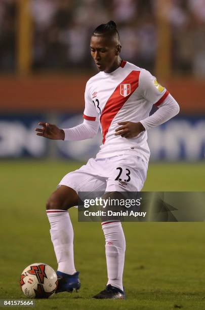 Pedro Aquino of Peru controls the ball during a match between Peru and Bolivia as part of FIFA 2018 World Cup Qualifiers at Monumental Stadium on...