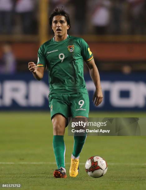 Marcelo Moreno of Bolivia controls the ball during a match between Peru and Bolivia as part of FIFA 2018 World Cup Qualifiers at Monumental Stadium...