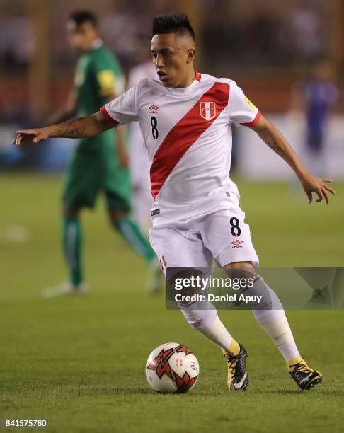 Christian Cueva of Peru controls the ball during a match between Peru and Bolivia as part of FIFA 2018 World Cup Qualifiers at Monumental Stadium on...