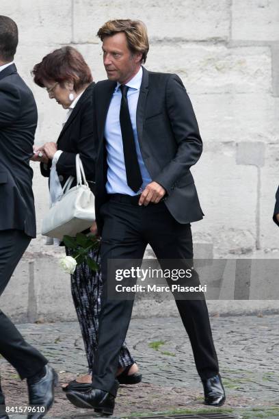 Journalist Laurent Delahousse attends actress Mireille Darc's Funeral at Eglise Saint-Sulpice on September 1, 2017 in Paris, France.