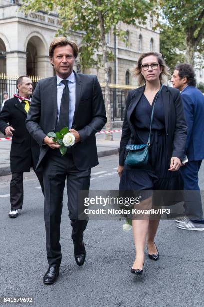 French Journalist Laurent Delahousse attends Mireille Darc's Funeral at Eglise Saint Sulpice on September 1, 2017 in Paris, France. French actress...