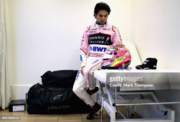 Sergio Perez of Mexico and Force India prepares to drive during previews for the Formula One Grand Prix of Italy at Autodromo di Monza on August 31,...