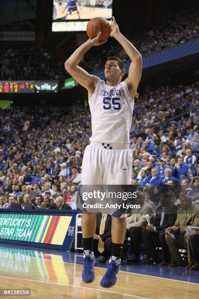 Josh Harrellson of the Kentucky Wildcats makes a jumpshot during the game against the Tennessee State Tigers at Rupp Arena on December 22, 2008 in...