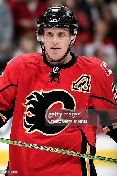 Dion Phaneuf of the Calgary Flames skates against the Minnesota Wild on December 29, 2008 at Pengrowth Saddledome in Calgary, Alberta, Canada. The...