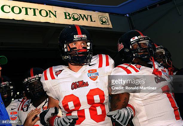 Tight end David Traxler and Kendrick Lewis of the Mississippi Rebels before a game against the Texas Tech Red Raiders during the AT&T Cotton Bowl on...