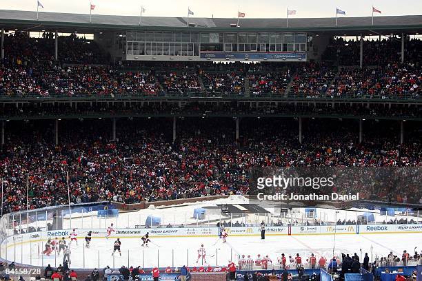 General view of action between the Chicago Blackhawks and the Detroit Red Wings during the NHL Winter Classic at Wrigley Field on January 1, 2009 in...