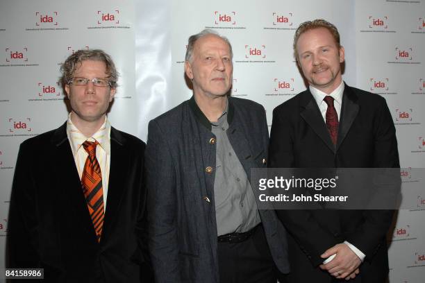 S Eddie Schmidt and directors Werner Herzog and Morgan Spurlock arrive to the 2008 International Documentary Association Awards Ceremony at the...