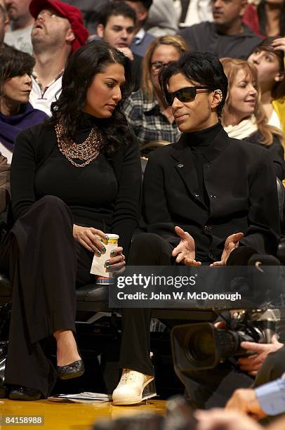 Celebrity musician Prince with Bria Valente, courtside during Boston Celtics vs Los Angeles Lakers game. Los Angeles, CA CREDIT: John W. McDonough