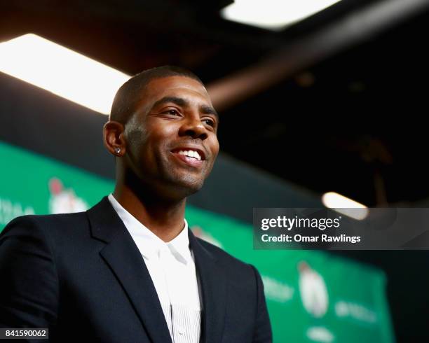 Kyrie Irving of the Boston Celtics after his press conference at TD Garden on September 1, 2017 in Boston, Massachusetts.