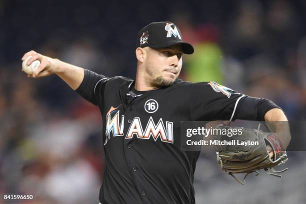 Dustin McGowan of the Miami Marlins pitches during a baseball game against the Washington Nationals at Nationals Park on August 28, 2017 in...