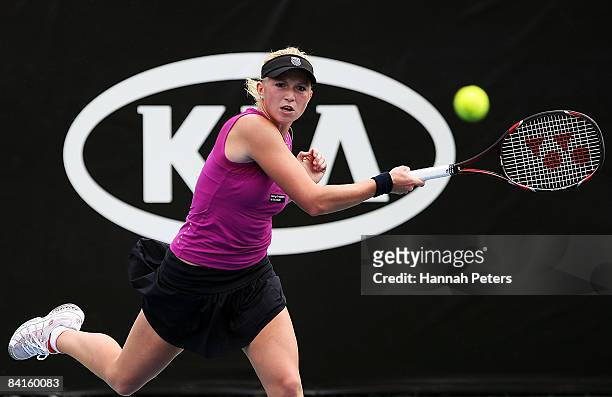 Michaella Krajicek of the Netherlands plays against Carly Gullickson of the USA during qualifying for the 2009 ASB Classic at ASB Tennis Centre on...