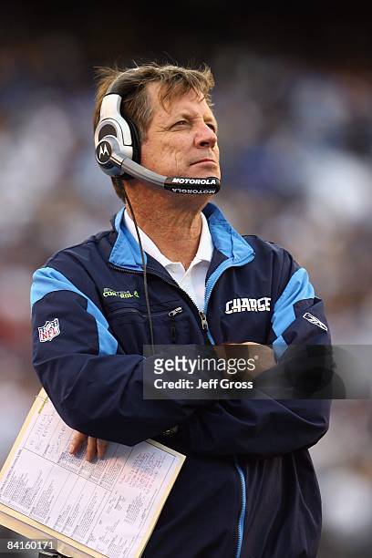 Head coach Norv Turner of the San Diego Chargers looks on from the sideline during the game against the Kansas City Chiefs at Qualcomm Stadium on...