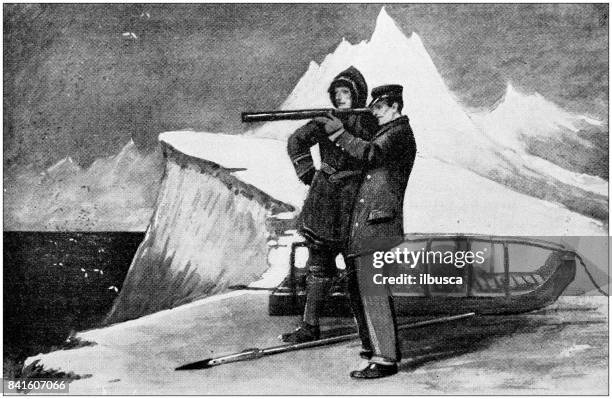 ilustraciones, imágenes clip art, dibujos animados e iconos de stock de antigua ilustración: hombres con telescopio en ártico - arpón