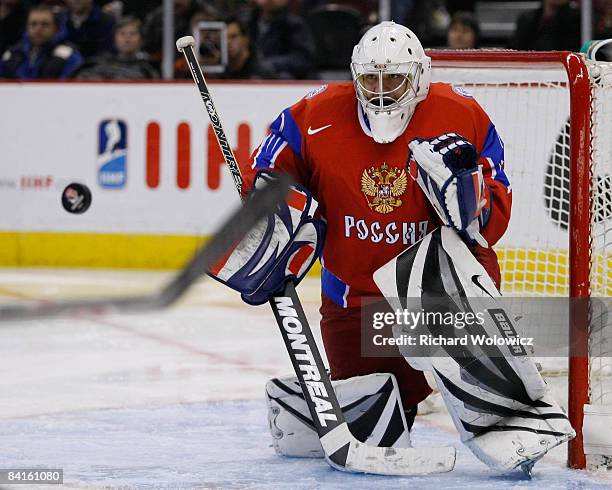 Vadim Zhelobnyuk of Team Russia eyes an incoming puck during the game against Team Czech Republic at the quarterfinals at the IIHF World Junior...