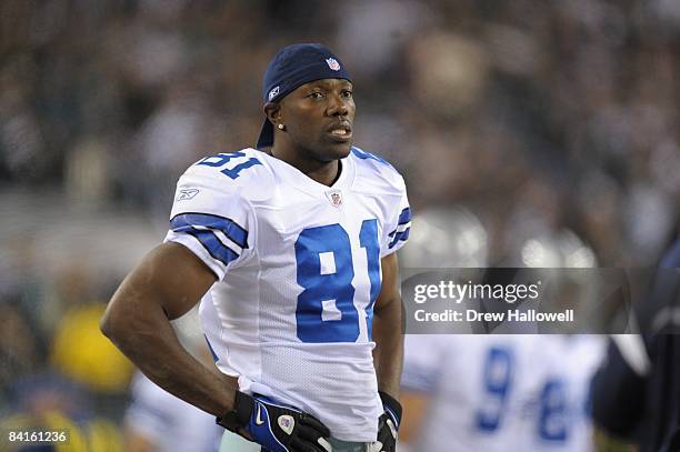 Wide receiver Terrell Owens of the Dallas Cowboys stands on the sideline during the game against the Philadelphia Eagles on December 28, 2008 at...