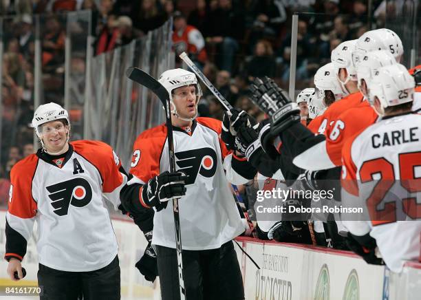 Ossi Vaananen of the Philadelphia Flyers celebrates a first period goal against the Anaheim Ducks during the game on January 2, 2009 at Honda Center...
