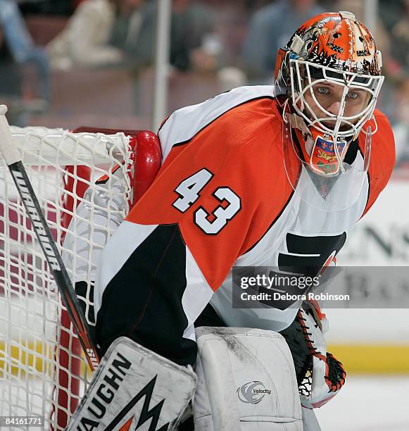 Martin Biron of the Philadelphia Flyers defends in the crease against the Anaheim Ducks during the game on January 2, 2009 at Honda Center in...