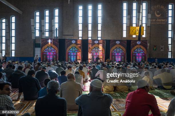 Muslims gather to perform the Eid Al Adha prayer on the first day of Eid al-Adha holiday at a sports center in Teaneck, New Jersey, United States on...