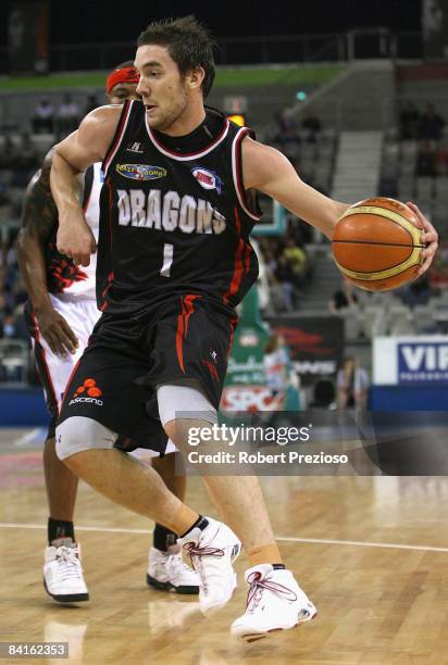 Adam Gibson of the Dragons drives to the basket during the round 16 NBL match between the South Dragons and the Perth Wildcats at Hisense Arena on...