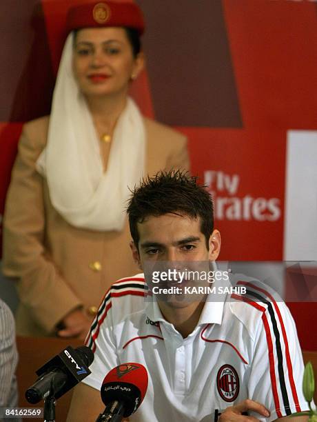 Milan's Brazilian player Kaka gives a press cnference at the end of a training session in Dubai on January 3, 2009. Italian football giants AC Milan...