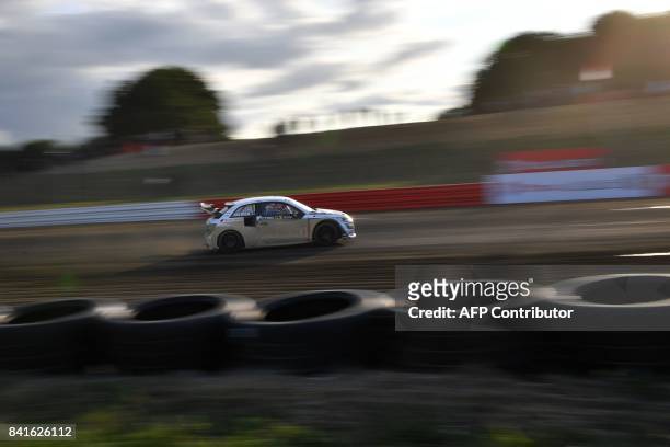 Swedish driver Mattias Ekstrom drives his Team EKS car during the free practice session of the rallycross of France, a stage of the 2017 FIA World...