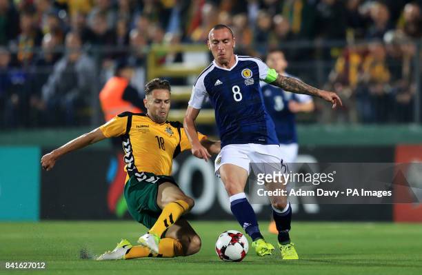 Lithuania's Arturas Zulpa and Scotland's Scott Brown battle for the ball during the 2018 FIFA World Cup Qualifying, Group F match at the LFF Stadium,...