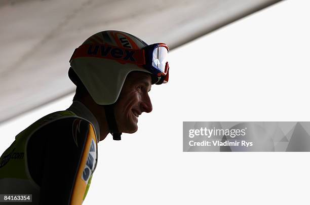 Jakub Janda of Czech Republic looks on during the FIS Ski Jumping World Cup at the 57th Four Hills Ski Jumping Tournament on January 3, 2009 in...