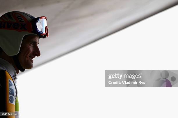 Jakub Janda of Czech Republic looks on during the FIS Ski Jumping World Cup at the 57th Four Hills Ski Jumping Tournament on January 3, 2009 in...