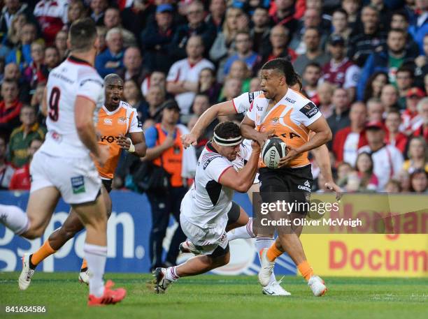 Belfast , United Kingdom - 1 September 2017; Clayton Blommetjies of Cheetahs is tackled by Rob Herring of Ulster during the Guinness PRO14 Round 1...