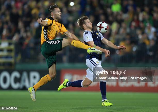 Lithuania's Arturas Zulpa and Scotland's Stuart Armstrong battle for the ball during the 2018 FIFA World Cup Qualifying, Group F match at the LFF...