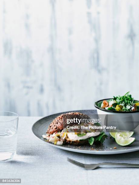 sandwich with mozzarella and shrimp tartare - seeded stock pictures, royalty-free photos & images