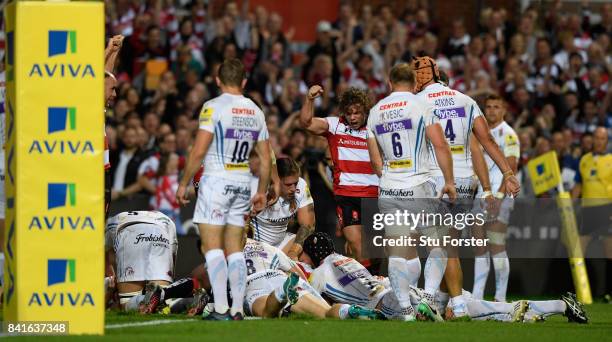 Gloucester wing Henry Purdy celebrates the first Gloucester try during the Aviva Premiership match between Gloucester Rugby and Exeter Chiefs at...