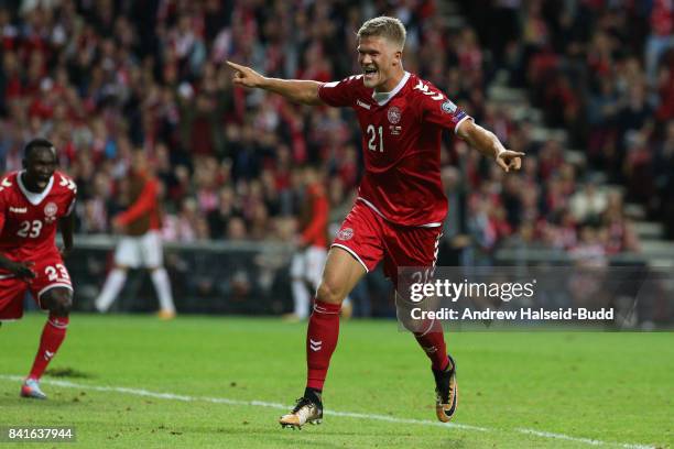 Andreas Cornelius of Denmark celebrates scoring the second goal during the FIFA 2018 World Cup Qualifier between Denmark and Poland at Parken Stadion...