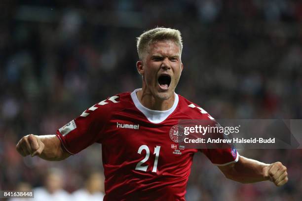 Andreas Cornelius of Denmark celebrates scoring the second goal during the FIFA 2018 World Cup Qualifier between Denmark and Poland at Parken Stadion...