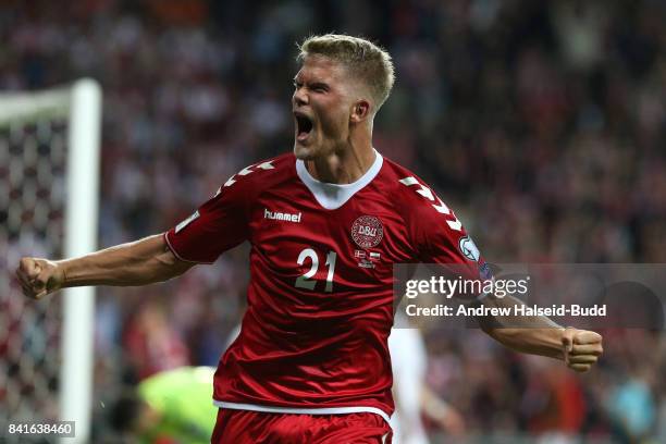 Andreas Cornelius of Denmark celebrates scoring the second goal during the FIFA 2018 World Cup Qualifier between Denmark and Poland at Parken Stadion...