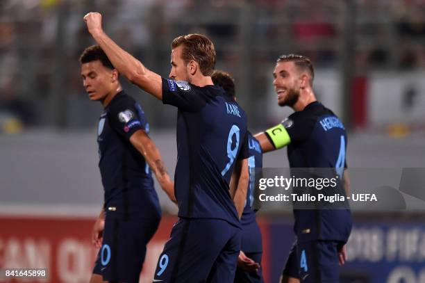 Harry Kane of England celebrates after scoring the opening goal during the FIFA 2018 World Cup Qualifier between Malta and England at Ta'Qali...