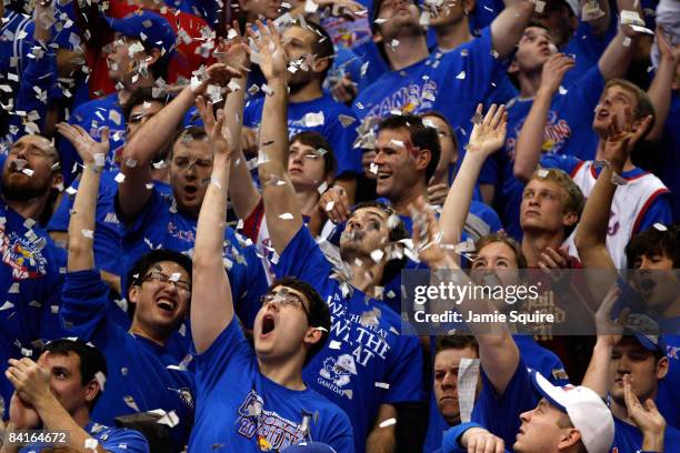 Kansas Jayhawk fans cheer during player introductions prior to the start of the game against the Tennessee Volunteers on January 3, 2009 at Allen...