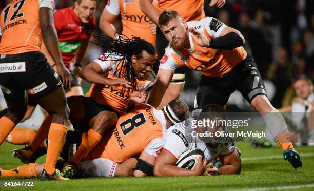Belfast , United Kingdom - 1 September 2017; Rodney Ah You of Ulster is tackled by Niell Jordaan of Cheetahs during the Guinness PRO14 Round 1 match...