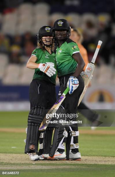 Sophie Luff and Stafanie Taylor of Western Storm celebrates after winning the Women's Kia Super League Final between Southern Vipers and Western...