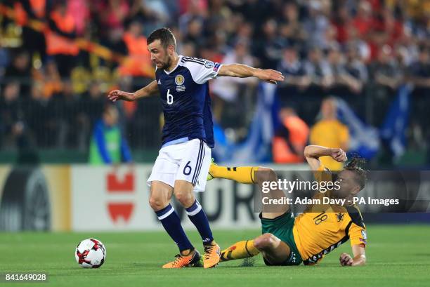 Scotland's James McArthur and Lithuania's Arturas Zulpa in action during the 2018 FIFA World Cup Qualifying, Group F match at the LFF Stadium,...