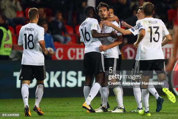 Mats Hummels of Germany celebrates his team's second goal with team mates during the FIFA World Cup Russia 2018 Group C Qualifier between Czech...