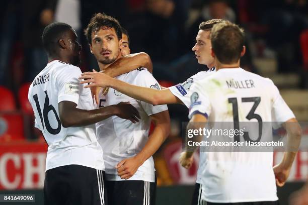 Mats Hummels of Germany celebrates his team's second goal with team mates during the FIFA World Cup Russia 2018 Group C Qualifier between Czech...