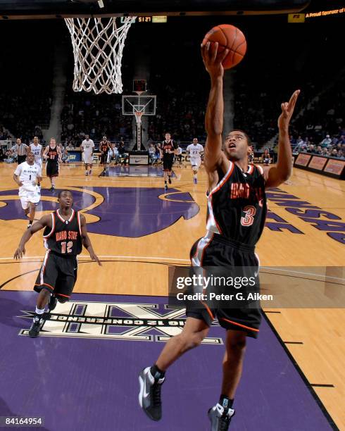 Guard Phyllip Taylor of the Idaho State Bengals goes in for a layup against the Kansas State Wildcats during the second half on January 3, 2009 at...