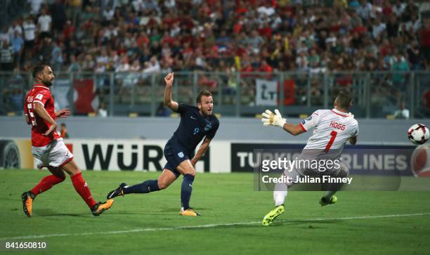 Harry Kane of England scores their fourth goal past Andrew Hogg of Malta during the FIFA 2018 World Cup Qualifier between Malta and England at...