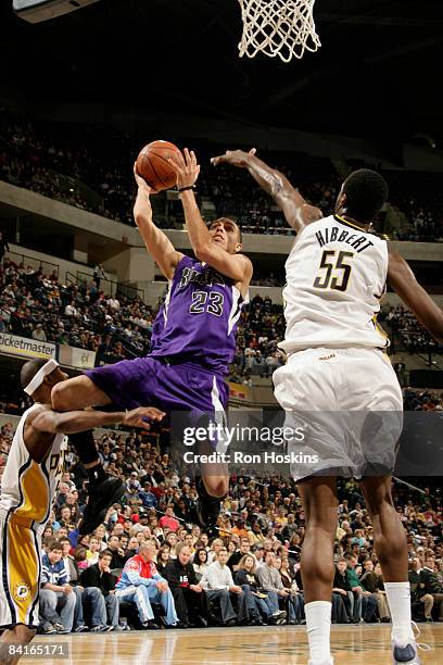 Kevin Martin of the Sacramento Kings drives against Roy Hibbert of the Indiana Pacers at Conseco Fieldhouse on January 3, 2009 in Indianapolis,...