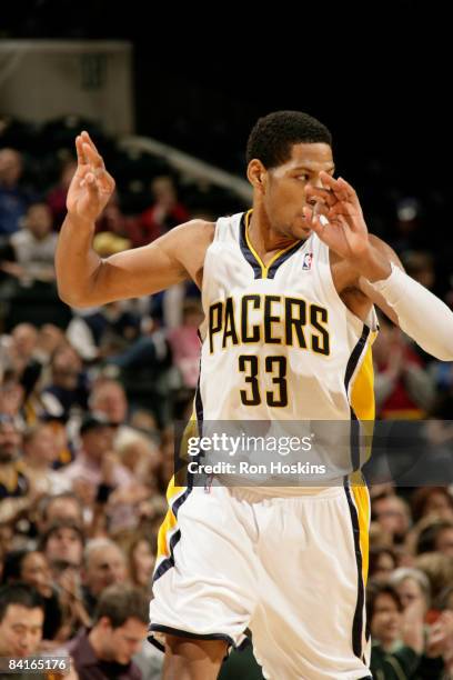 Danny Granger of the Indiana Pacers celebrates after hitting a three pointer against the Sacramento Kings at Conseco Fieldhouse on January 3, 2009 in...