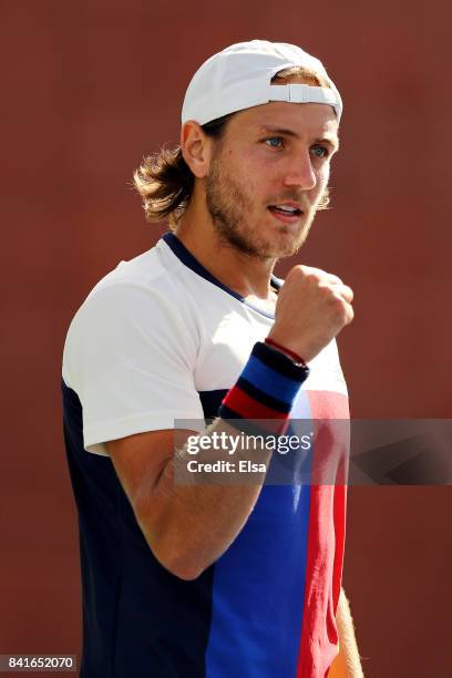 Lucas Pouille of France celebrates his third round victory over Mikhail Kukushkin of Russia on Day Five of the 2017 US Open at the USTA Billie Jean...