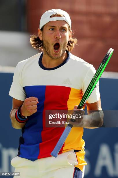 Lucas Pouille of France celebrates his third round victory over Mikhail Kukushkin of Russia on Day Five of the 2017 US Open at the USTA Billie Jean...